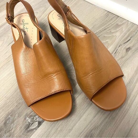 Clarks Sandals Women’s 7W Tan Leather Slingback Peep Toe Heels - Picture 2 of 7